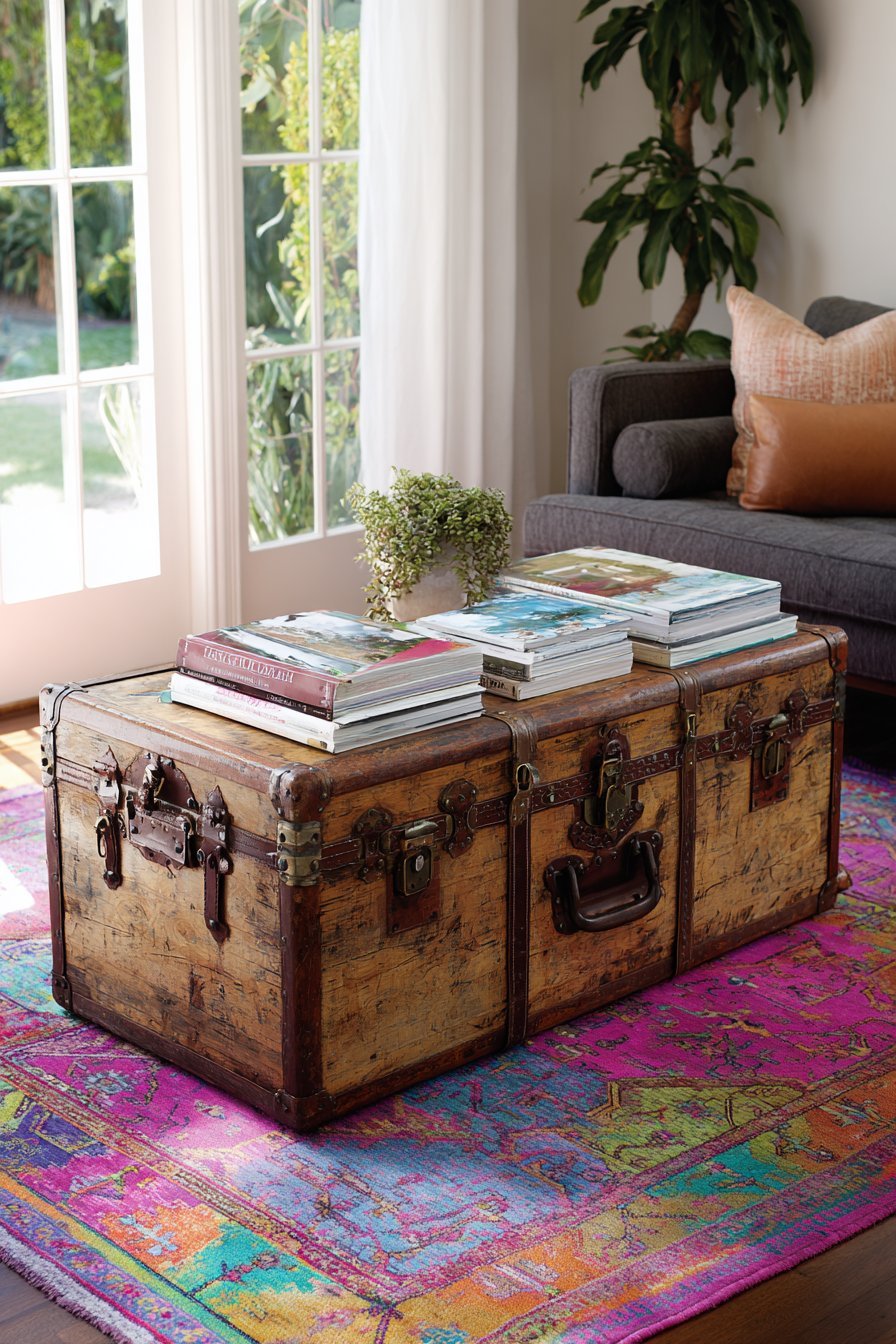 Vintage leather-strapped steamer trunk used as a coffee table on a colorful Persian-style rug