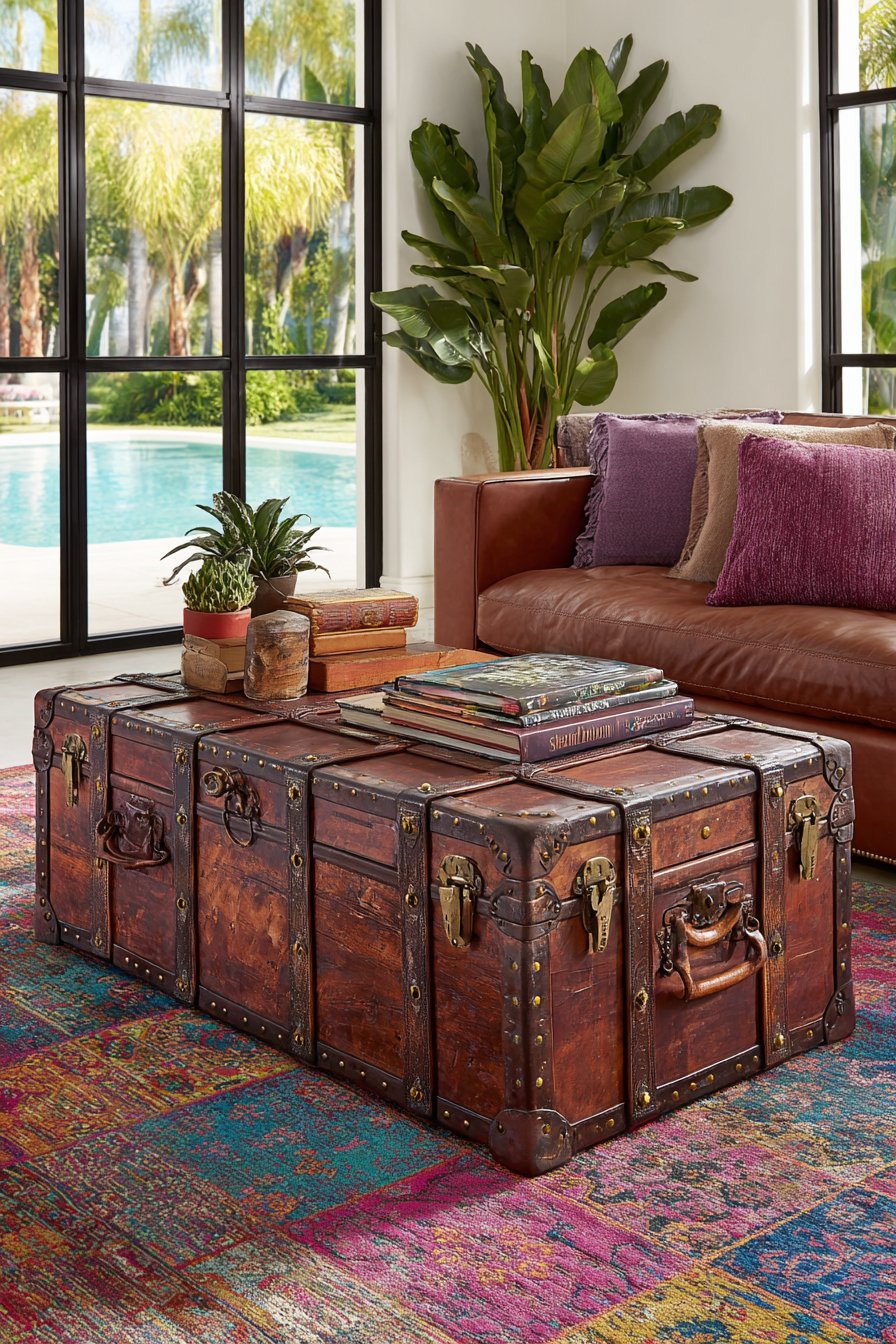 Vintage leather-strapped steamer trunk used as a coffee table on a colorful Persian-style rug