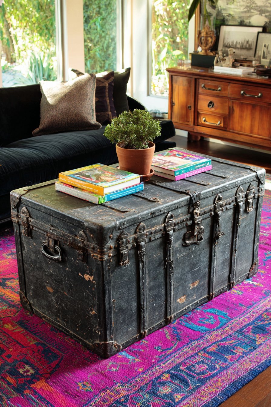 Vintage leather-strapped steamer trunk used as a coffee table on a colorful Persian-style rug
