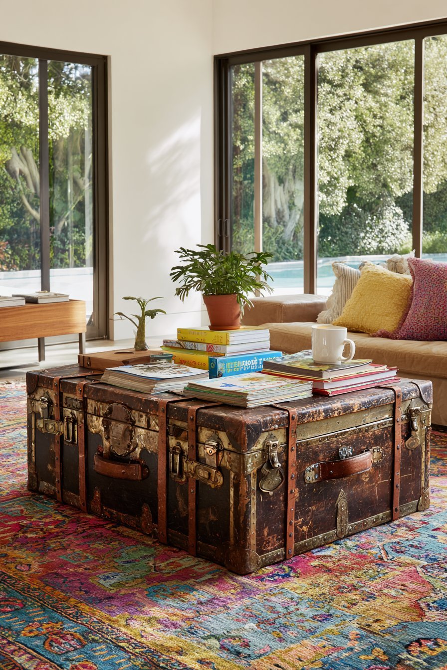 Vintage leather-strapped steamer trunk used as a coffee table on a colorful Persian-style rug