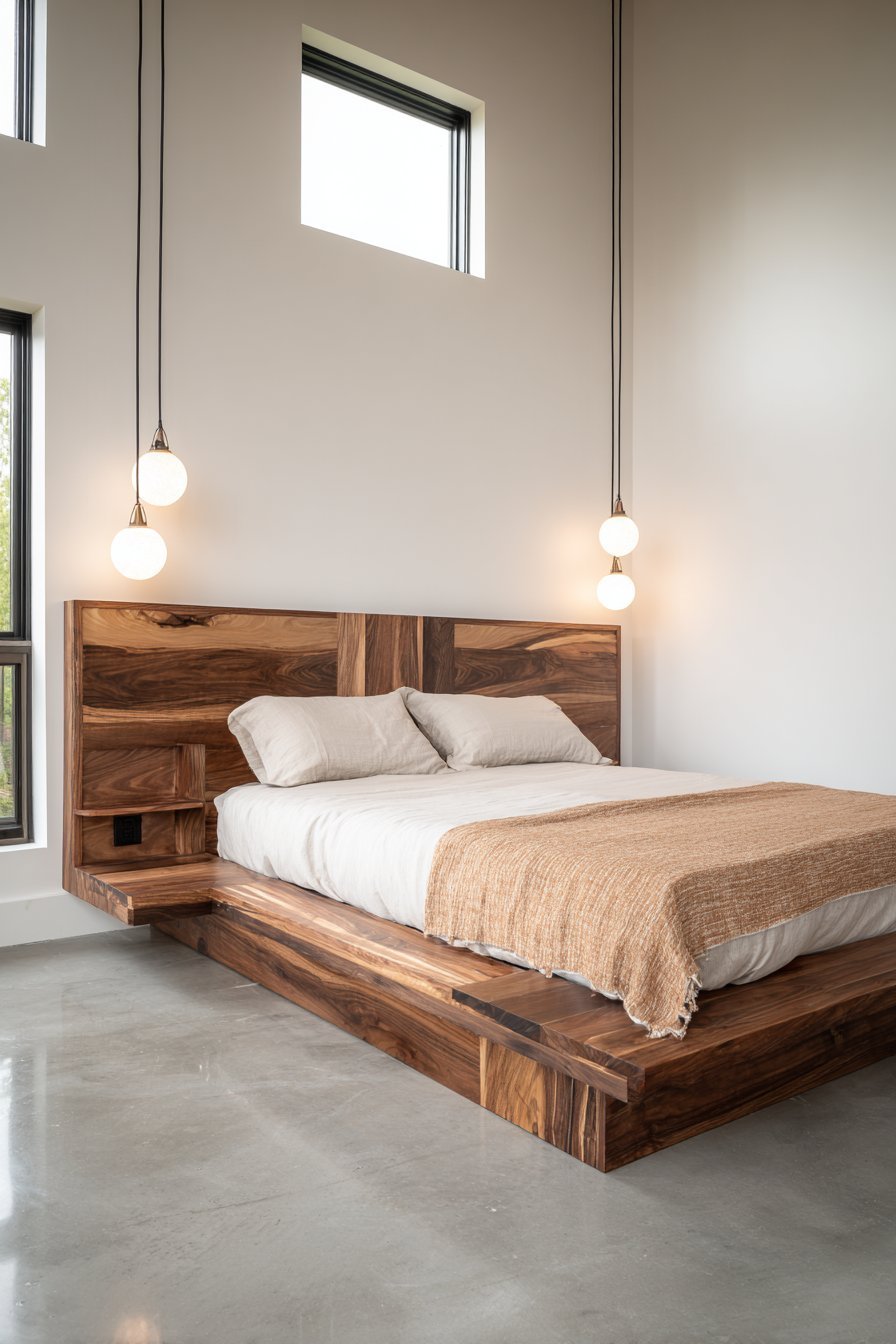 Book-matched walnut platform bed with built-in floating nightstands, white globe pendants and clerestory windows