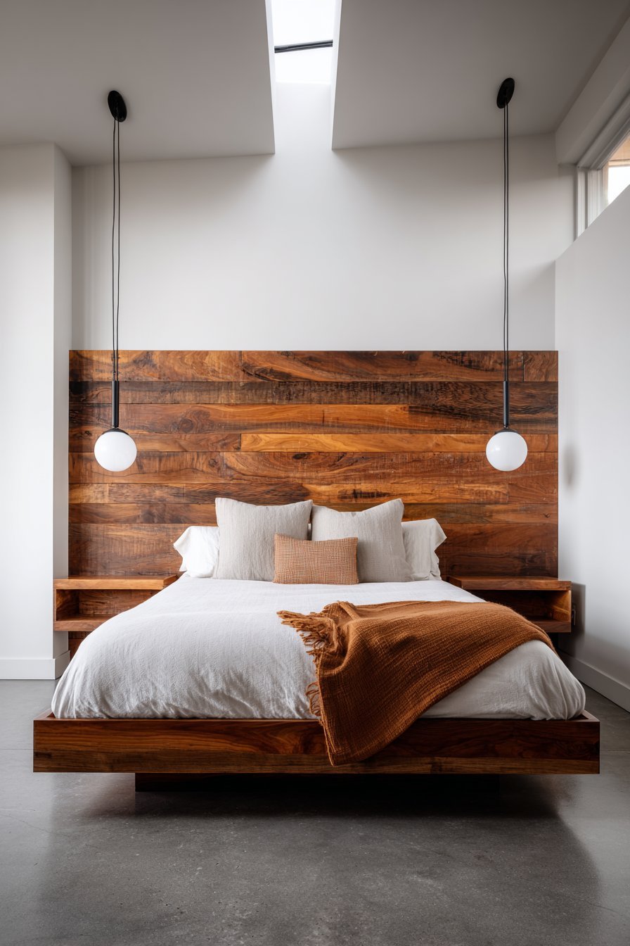 Book-matched walnut platform bed with built-in floating nightstands, white globe pendants and clerestory windows