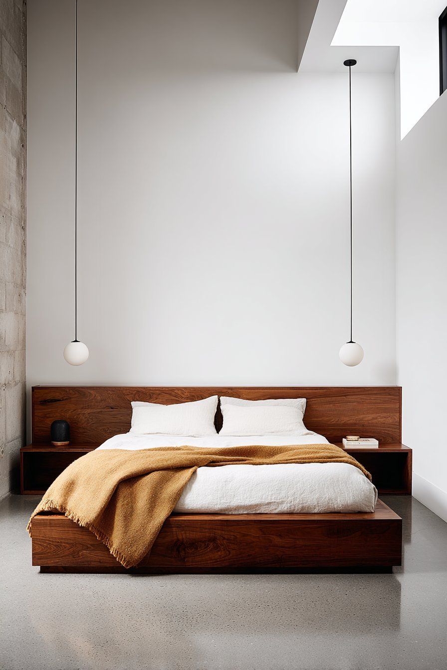 Book-matched walnut platform bed with built-in floating nightstands, white globe pendants and clerestory windows