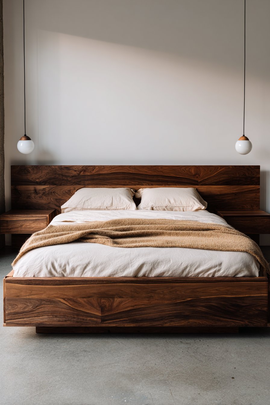 Book-matched walnut platform bed with built-in floating nightstands, white globe pendants and clerestory windows