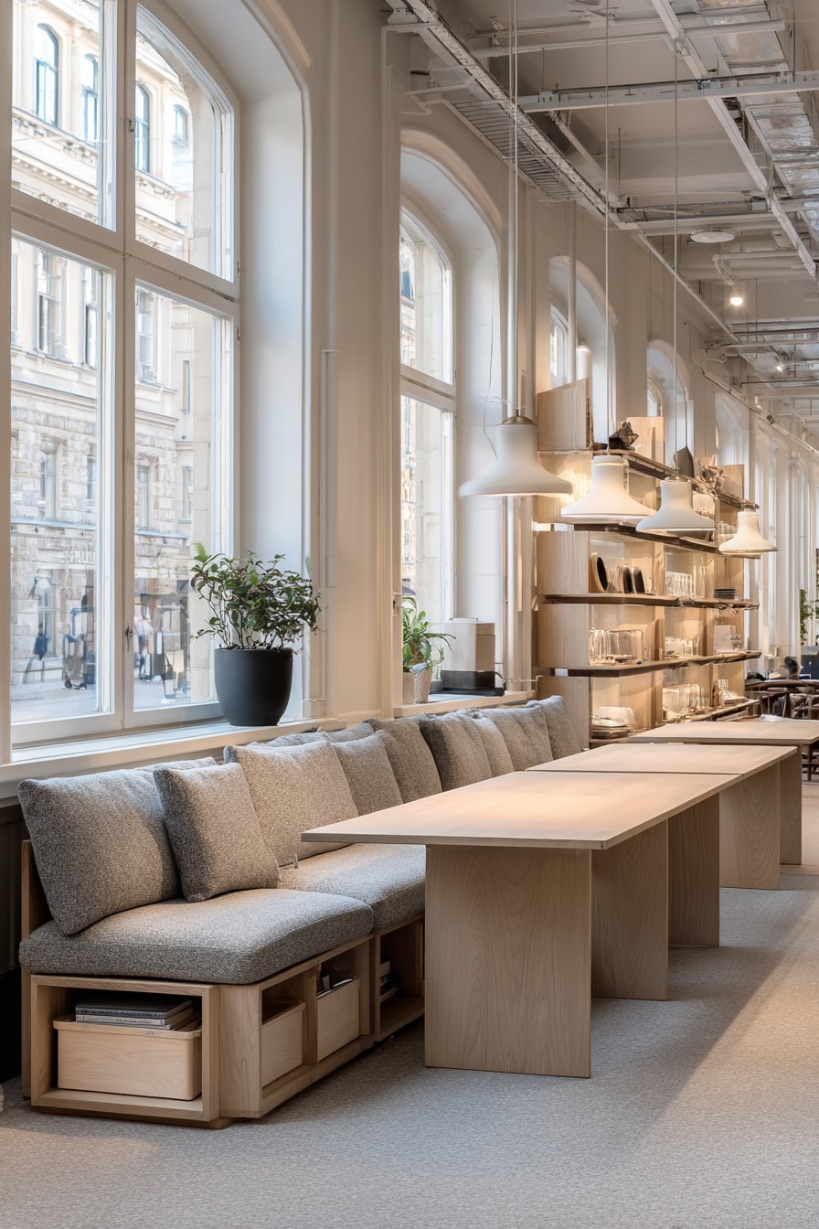 Grey wool banquette with storage drawers, light oak trestle table, ceramic pendants and open oak shelving