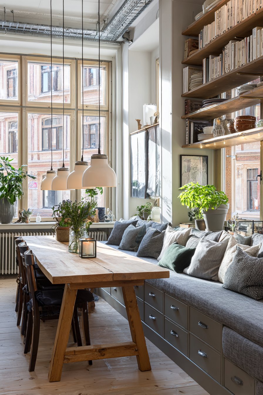 Grey wool banquette with storage drawers, light oak trestle table, ceramic pendants and open oak shelving