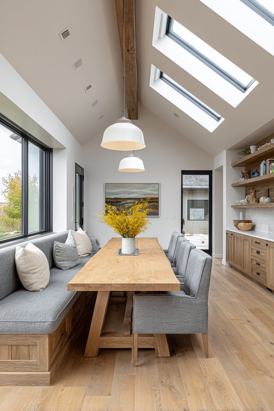 Grey wool banquette with storage drawers, light oak trestle table, ceramic pendants and open oak shelving