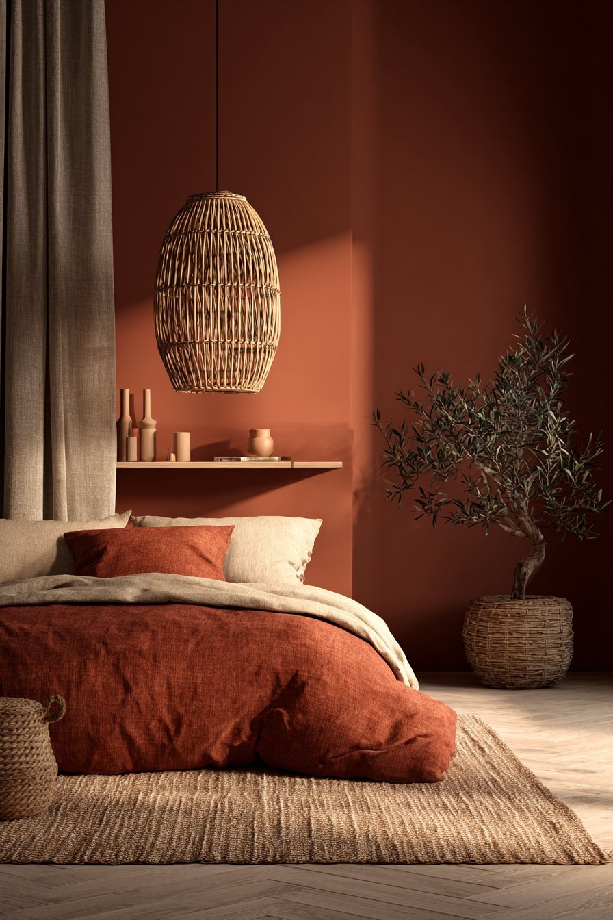 Terracotta walls, rattan pendant, jute rug and floating oak shelf in an earth-tone small bedroom