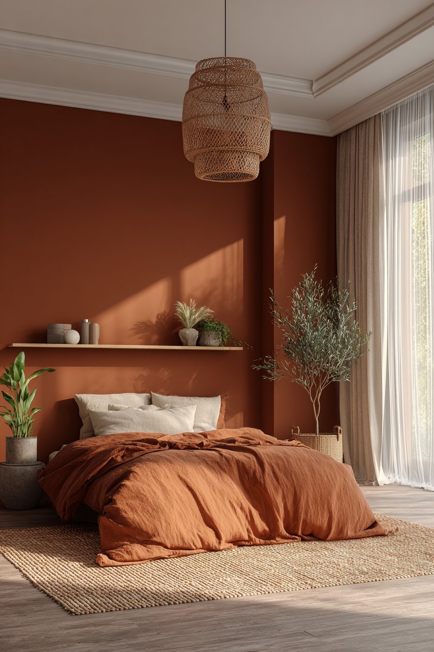 Terracotta walls, rattan pendant, jute rug and floating oak shelf in an earth-tone small bedroom