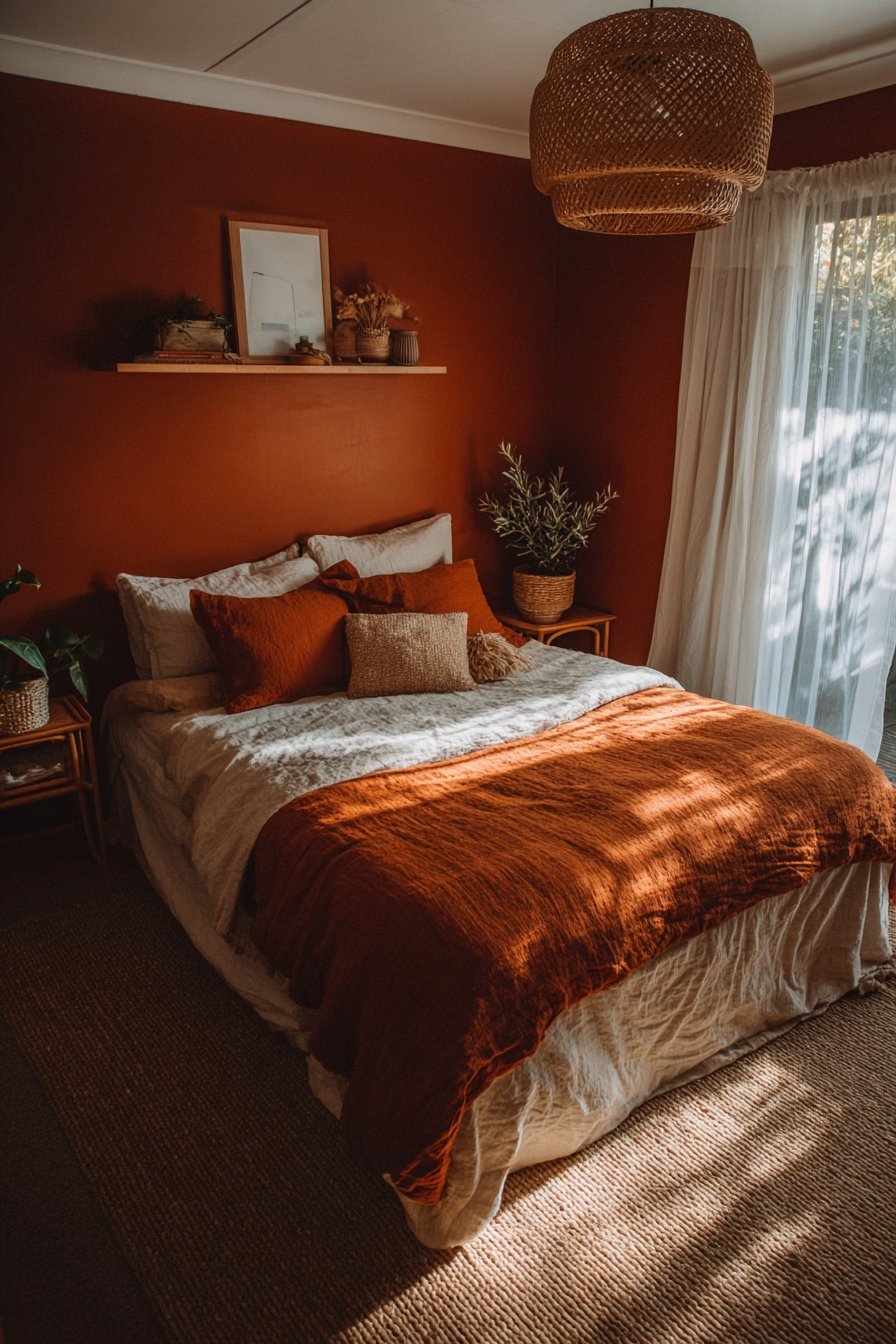 Terracotta walls, rattan pendant, jute rug and floating oak shelf in an earth-tone small bedroom