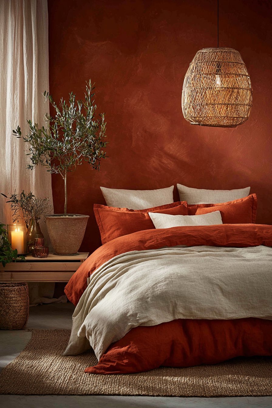 Terracotta walls, rattan pendant, jute rug and floating oak shelf in an earth-tone small bedroom