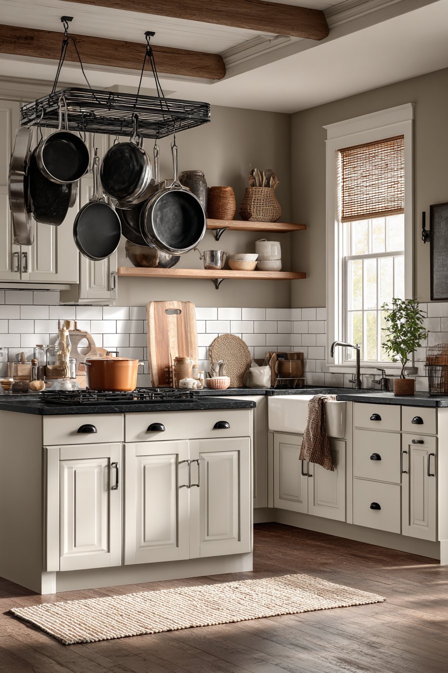 Black iron ceiling pot rack above a small island in a white shaker kitchen with soapstone counters