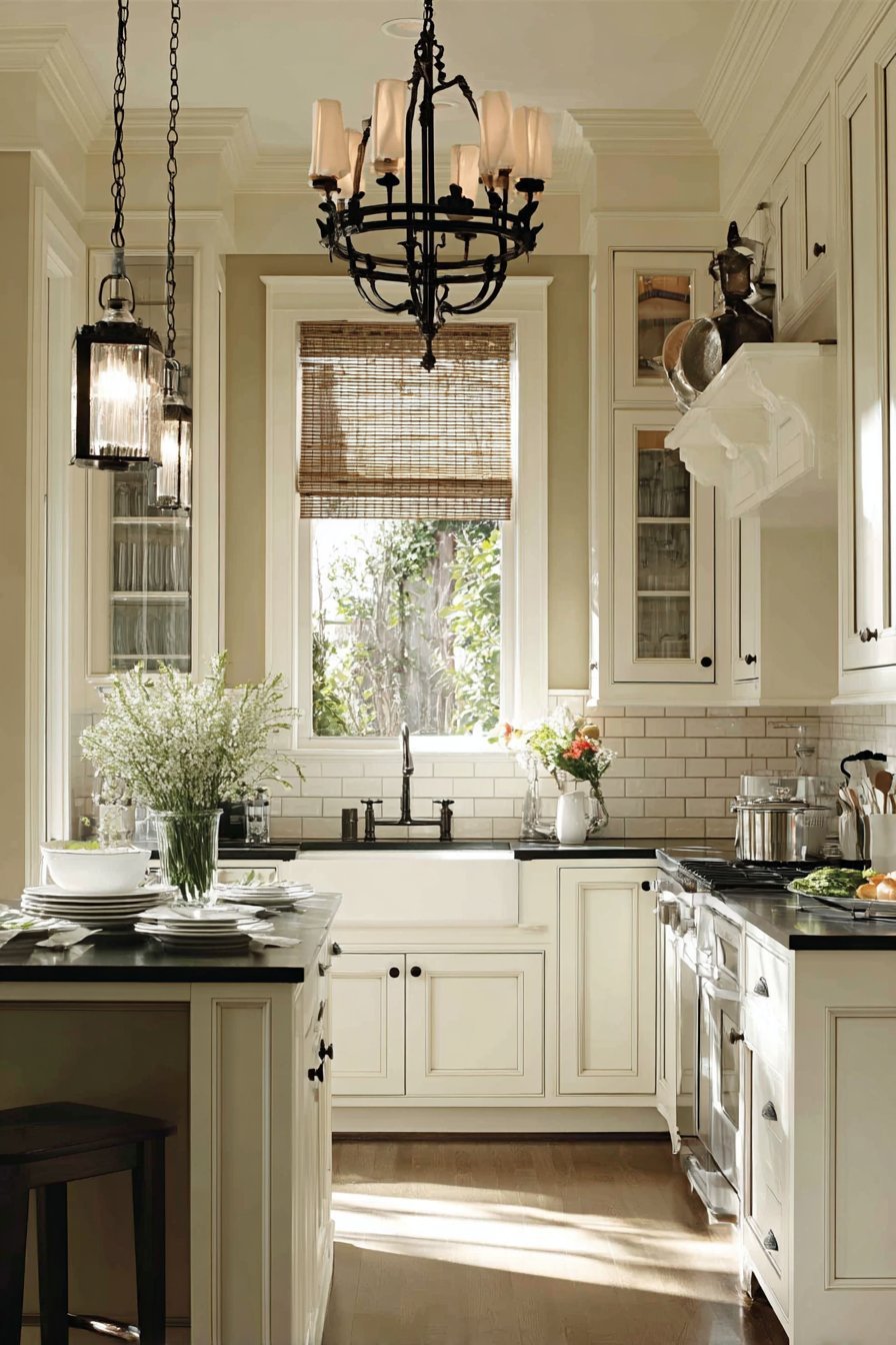 Black iron ceiling pot rack above a small island in a white shaker kitchen with soapstone counters
