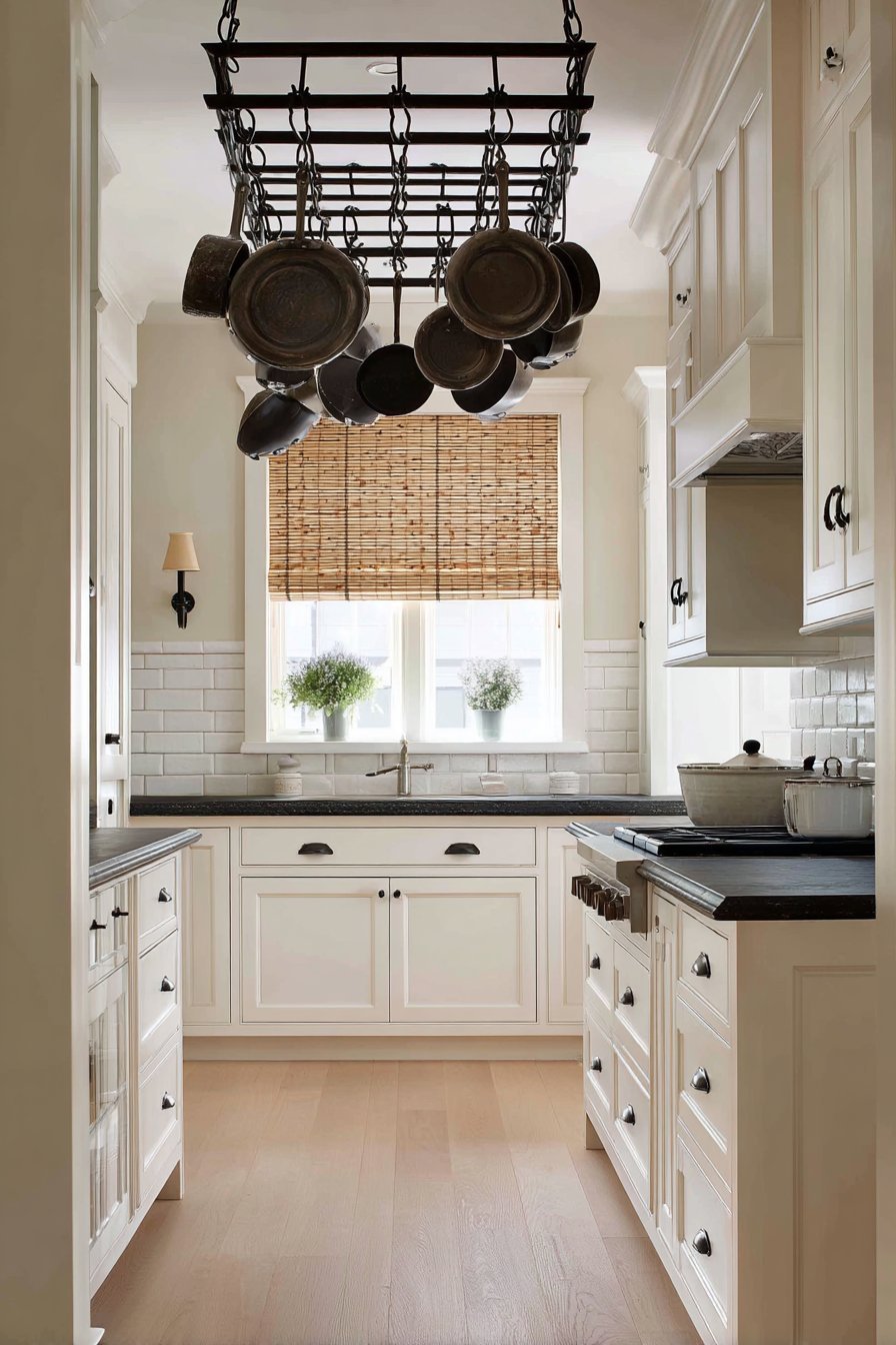 Black iron ceiling pot rack above a small island in a white shaker kitchen with soapstone counters