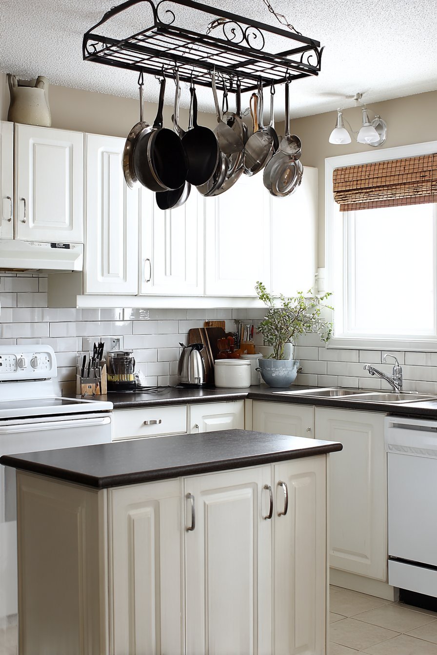 Black iron ceiling pot rack above a small island in a white shaker kitchen with soapstone counters