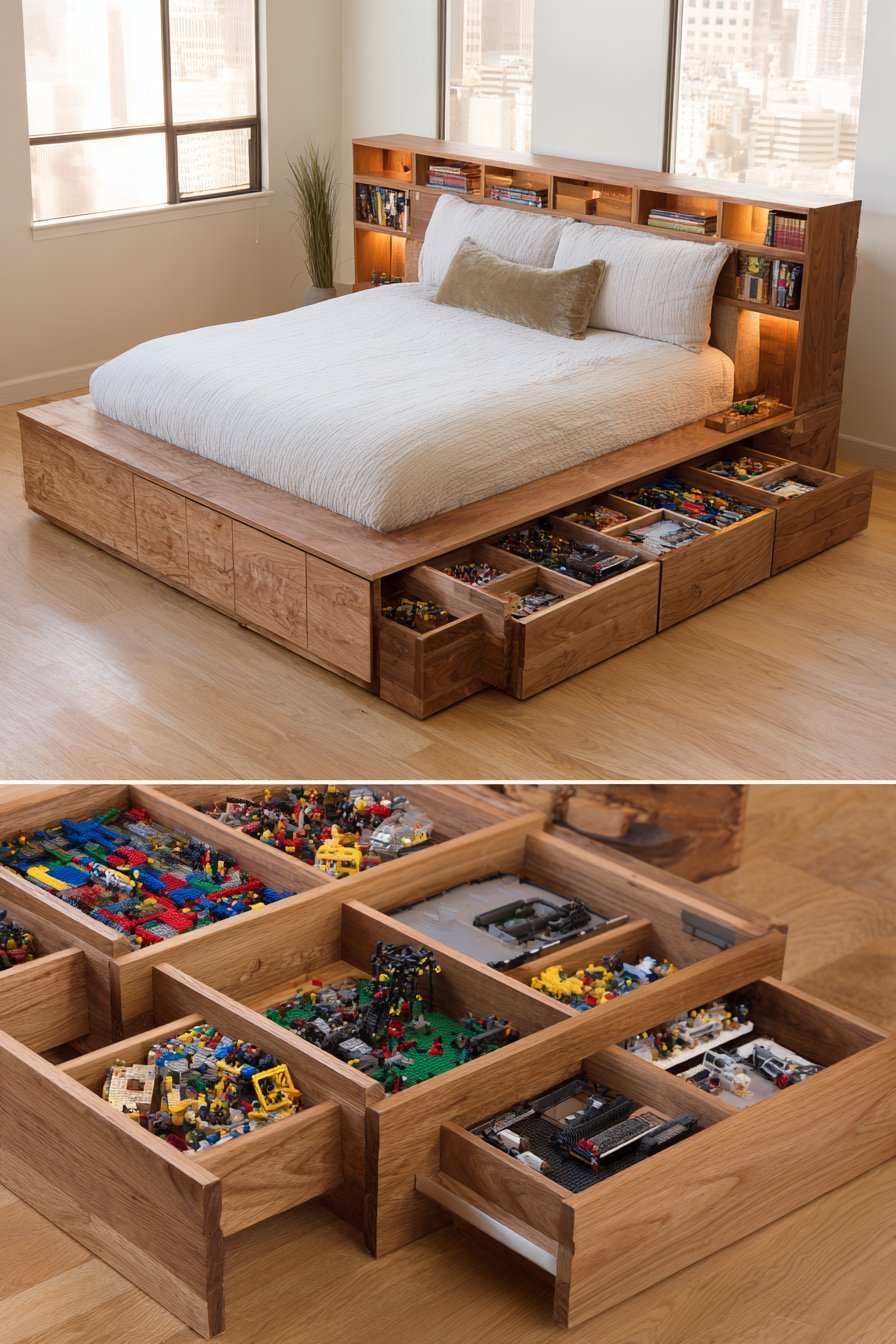 Oak storage platform bed with six divided drawers, open headboard shelving and a swing-arm building table