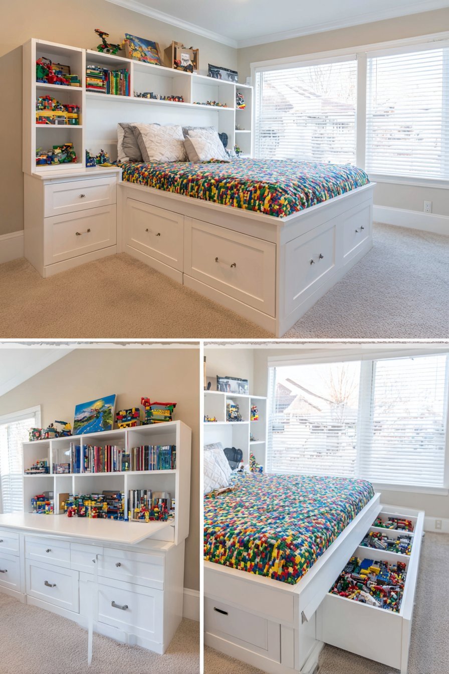 Oak storage platform bed with six divided drawers, open headboard shelving and a swing-arm building table