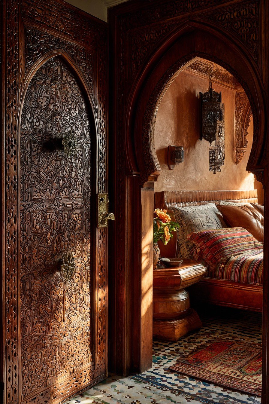 Arched dark walnut bedroom door with carved geometric pattern, hammered brass knocker and tiled threshold
