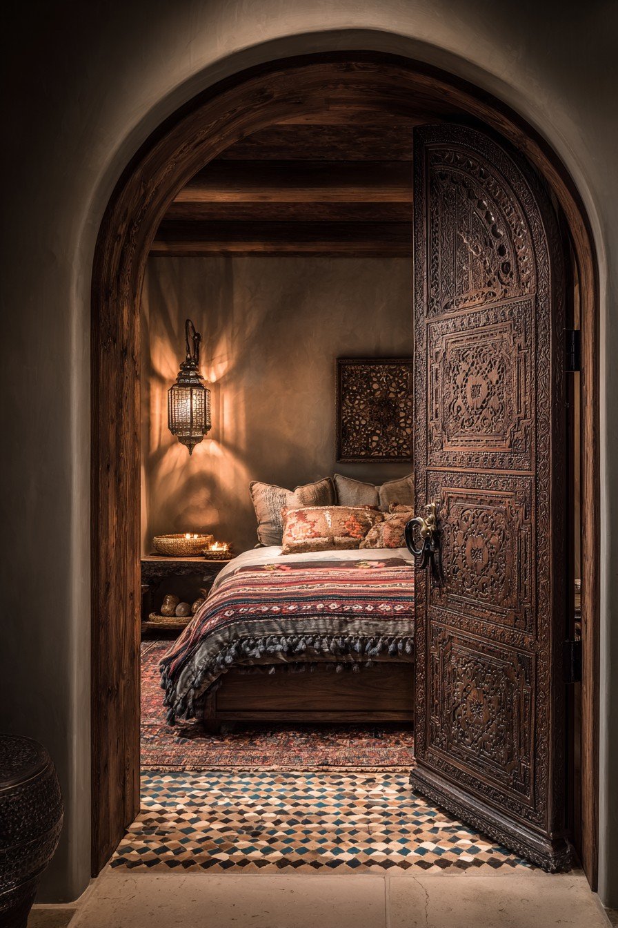 Arched dark walnut bedroom door with carved geometric pattern, hammered brass knocker and tiled threshold
