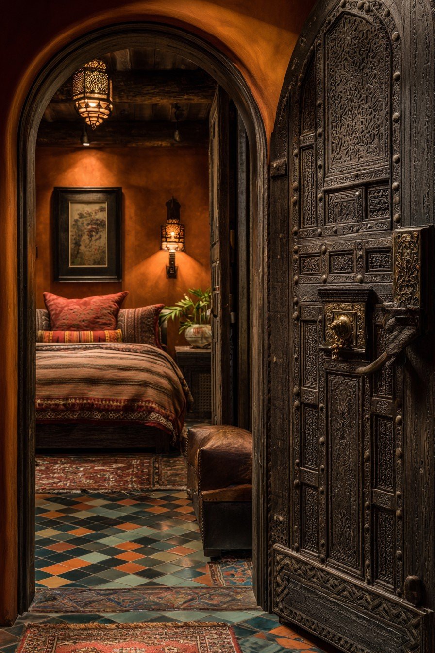 Arched dark walnut bedroom door with carved geometric pattern, hammered brass knocker and tiled threshold