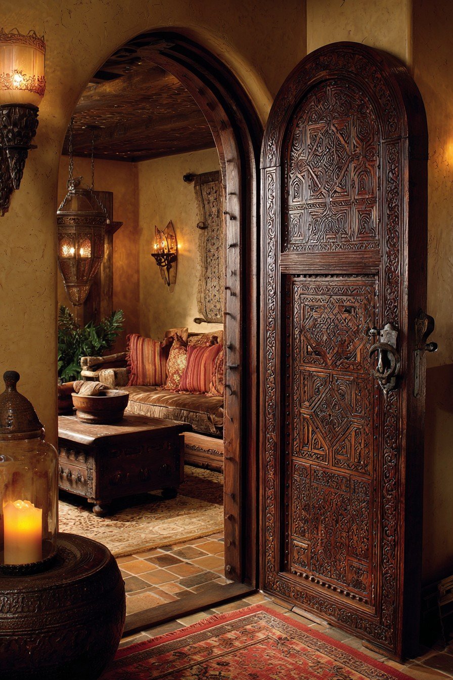 Arched dark walnut bedroom door with carved geometric pattern, hammered brass knocker and tiled threshold