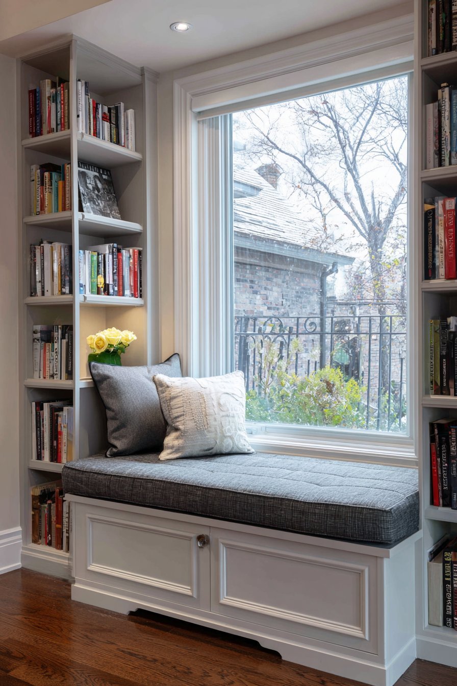 Grey linen lift-up window seat with built-in white bookshelves on both sides of a bay window