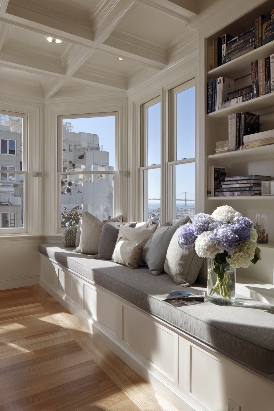 Grey linen lift-up window seat with built-in white bookshelves on both sides of a bay window