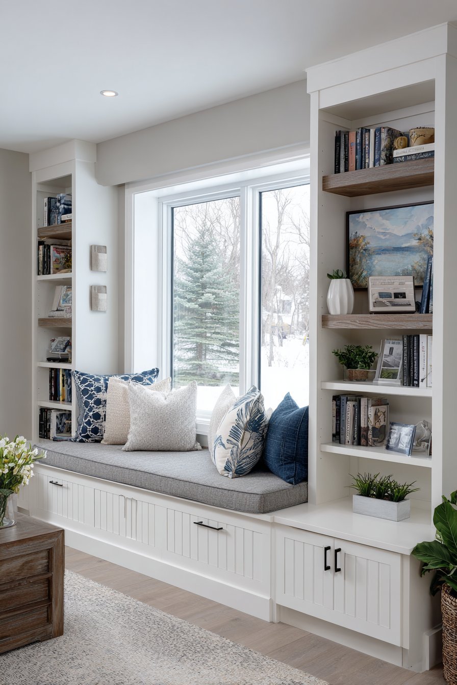 Grey linen lift-up window seat with built-in white bookshelves on both sides of a bay window