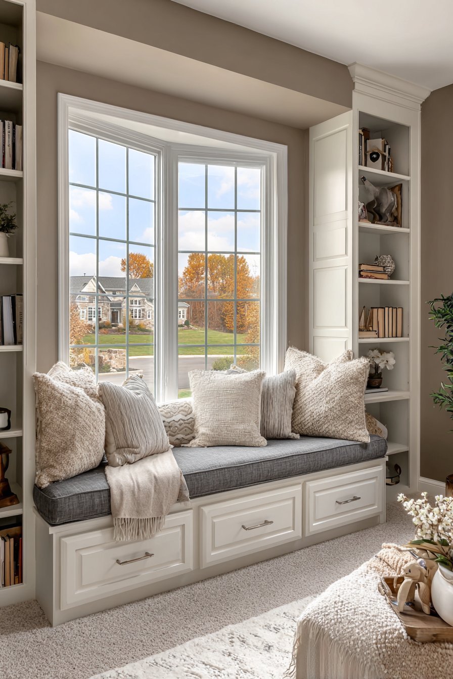 Grey linen lift-up window seat with built-in white bookshelves on both sides of a bay window