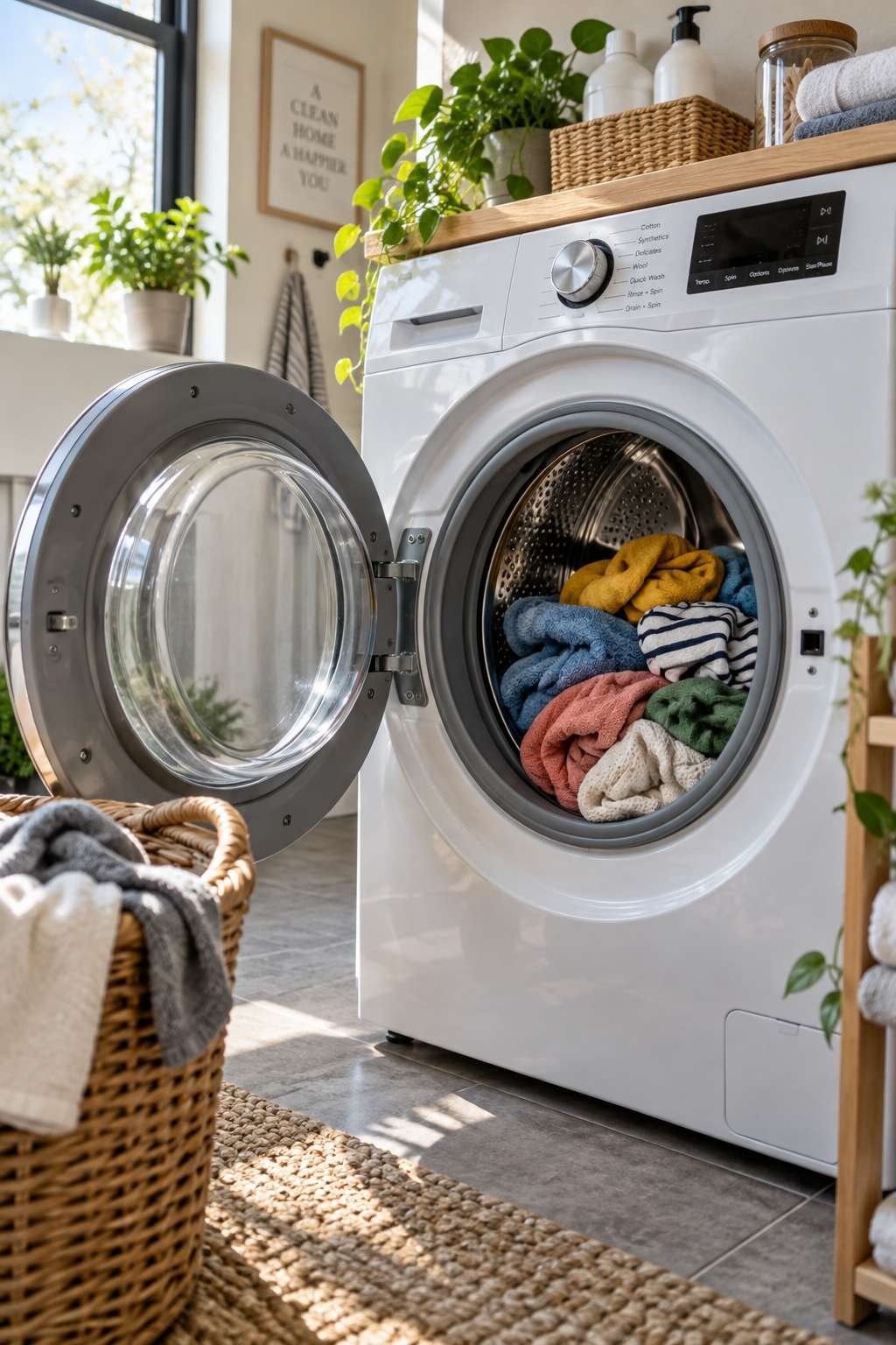 Open washing machine drum with a properly sized load of laundry inside