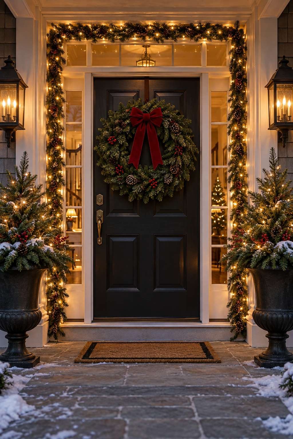Front door decorated with a wreath and string lights