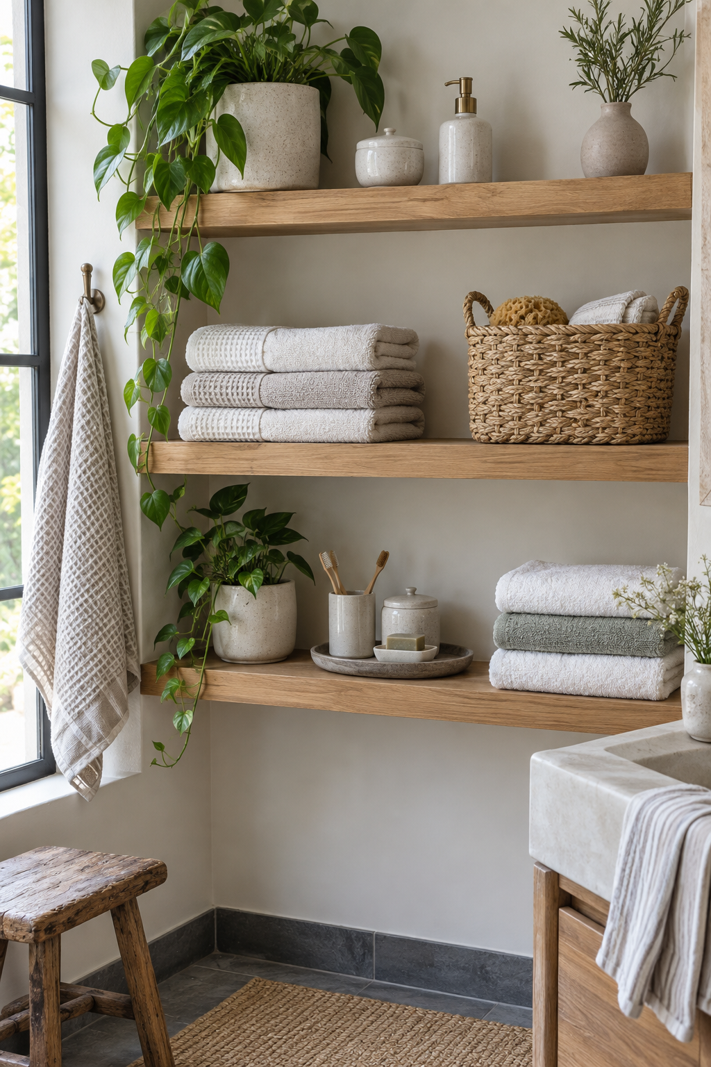 Open bathroom shelving styled with towels, baskets, and ceramics