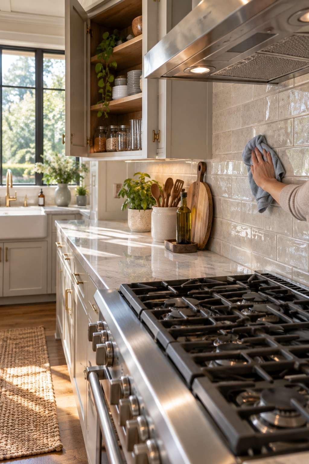 Deep cleaning a kitchen backsplash and stovetop