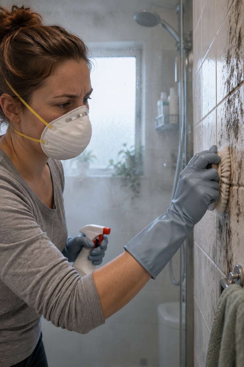 Person wearing a protective mask due to bathroom mold exposure concerns