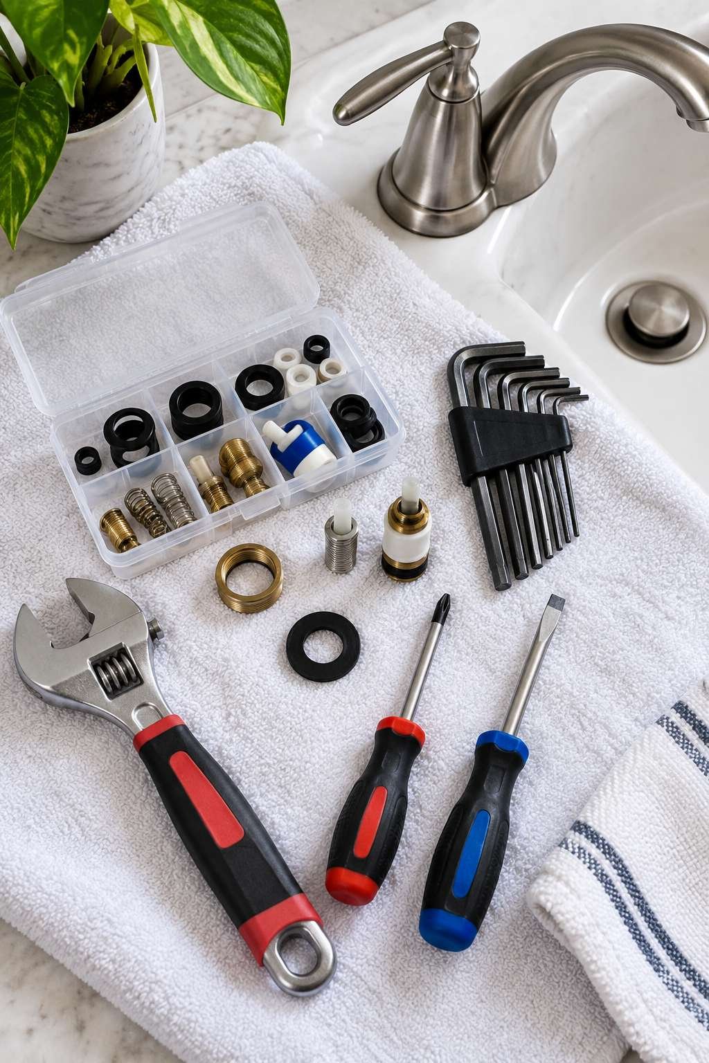 Tools laid out for repairing a dripping bathroom faucet