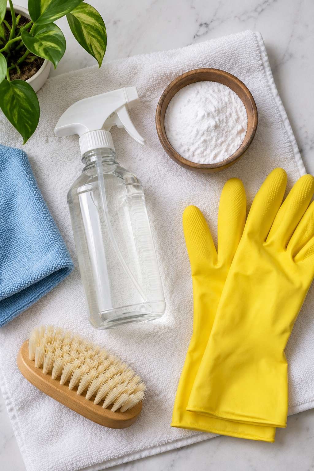 Cleaning supplies gathered for removing bathroom mold