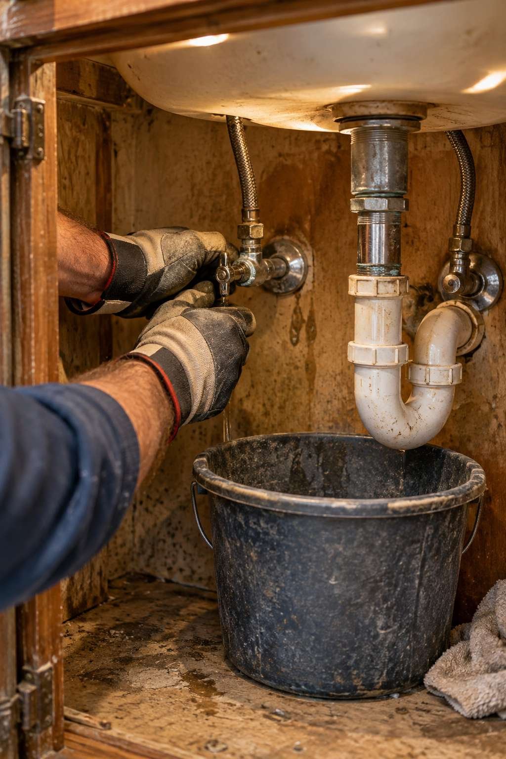 Hands turning off the water shutoff valve before removing an old bathroom vanity