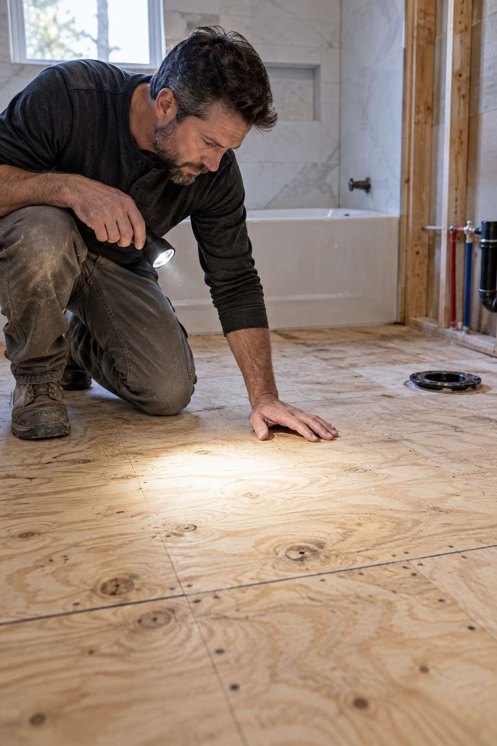 Bare bathroom subfloor prepared before tile installation