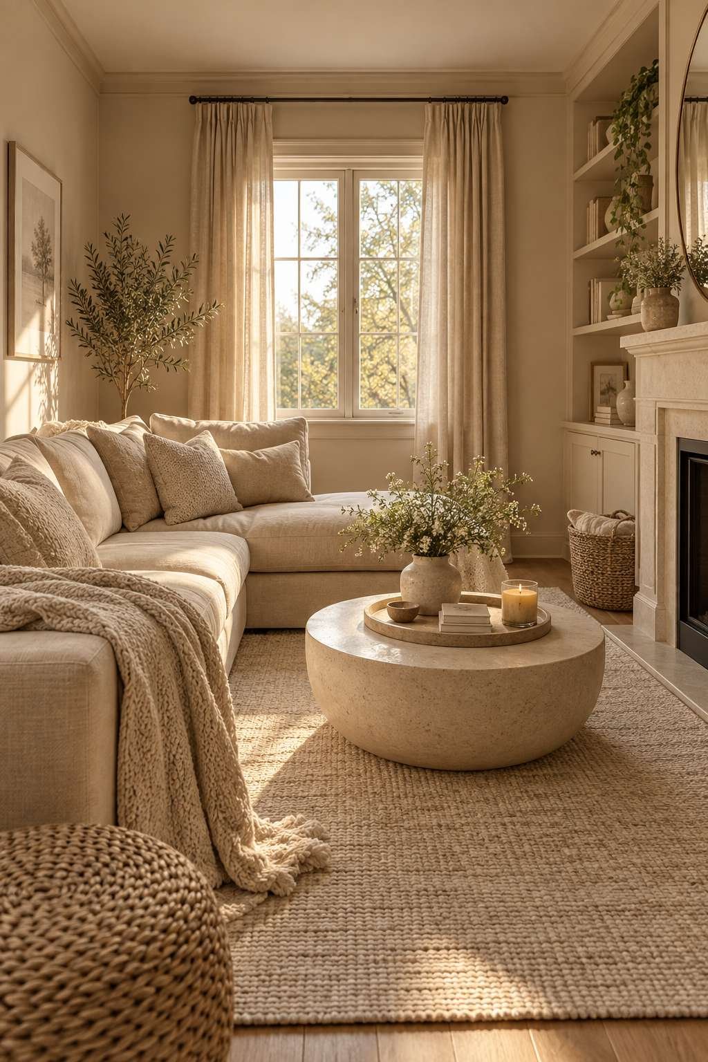 Small living room styled in a monochromatic beige color scheme