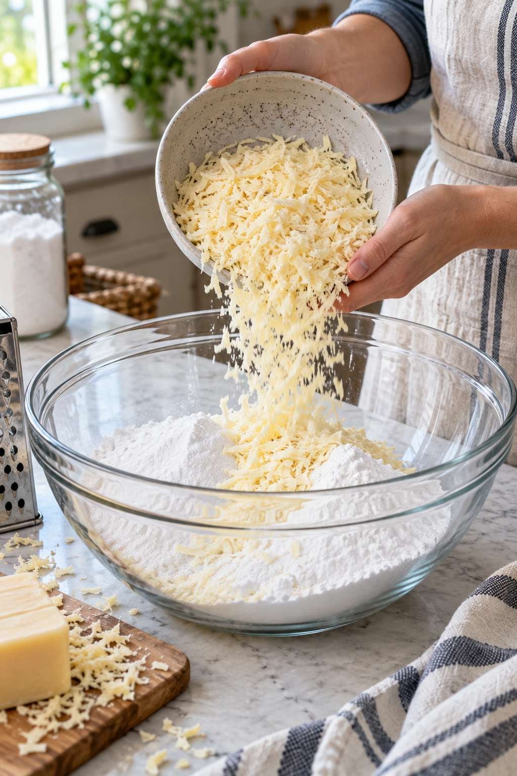 Hands mixing grated soap with washing soda and borax for powder detergent