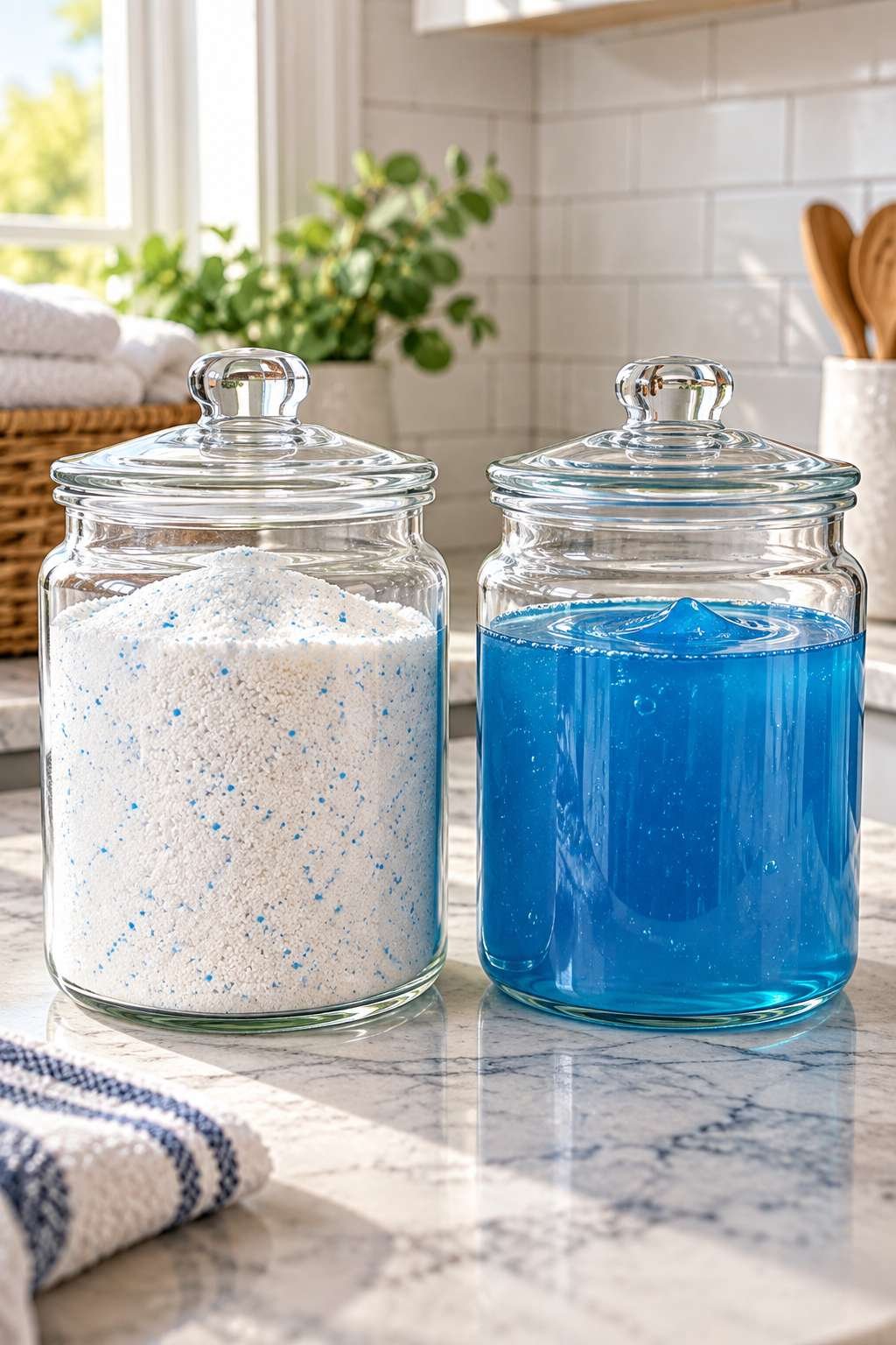 Powder laundry soap jar beside liquid laundry soap jar showing texture difference