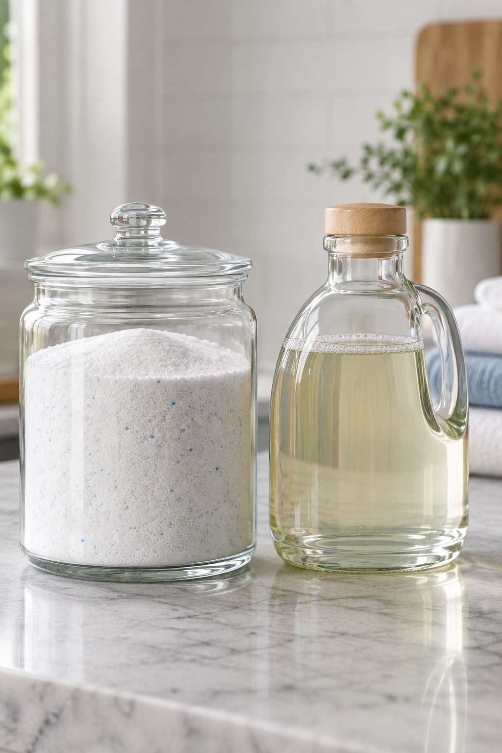 Powder and liquid homemade detergent side by side