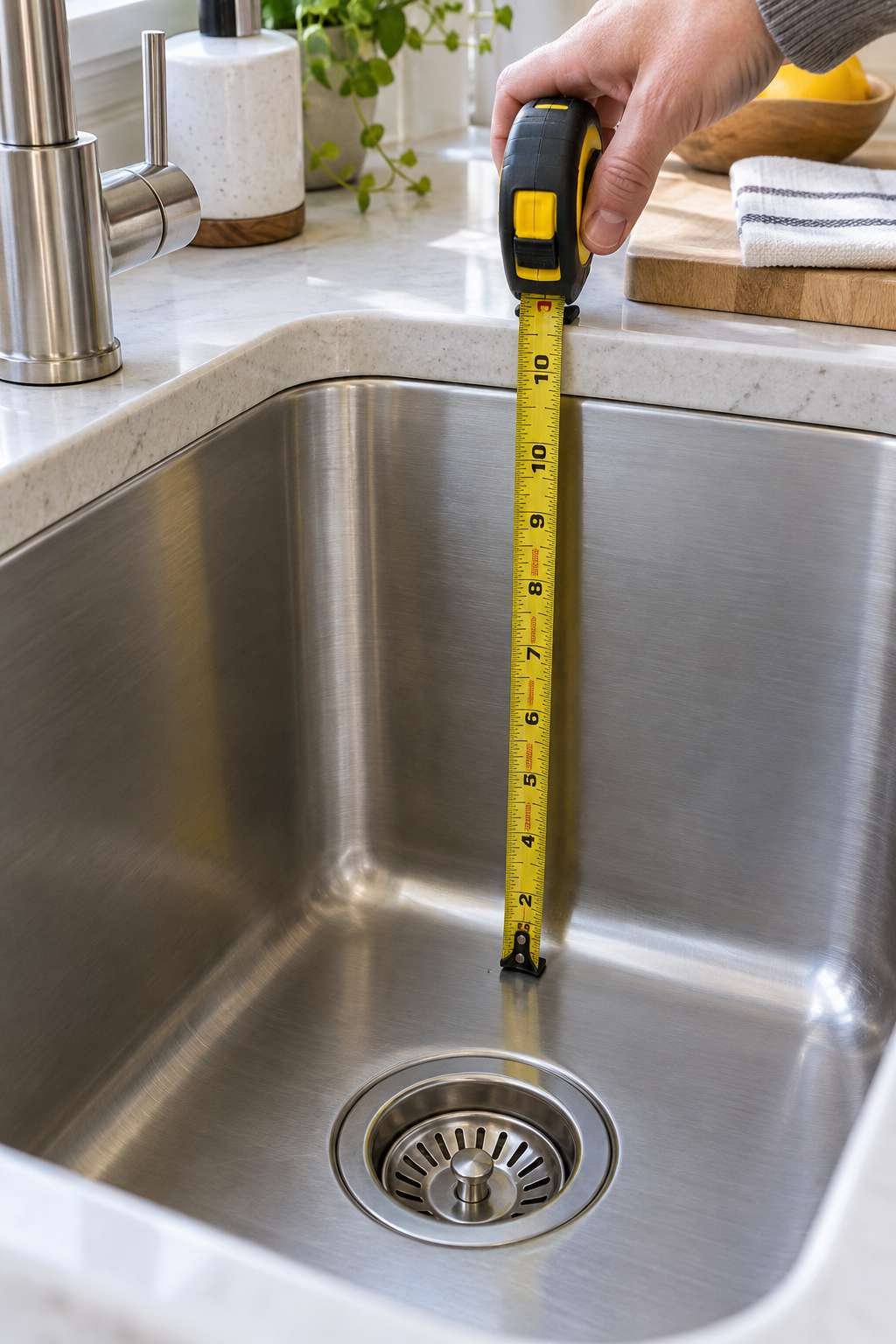 Measuring the depth of a kitchen sink bowl from rim to bottom