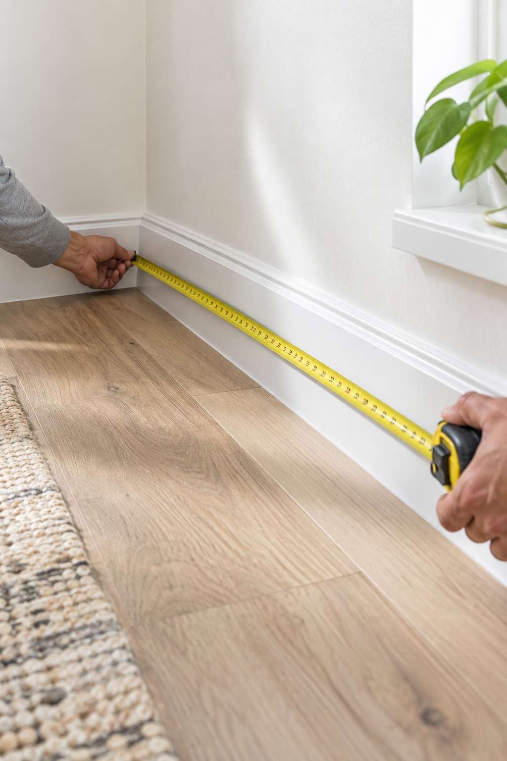 Hands measuring the length of a room along the baseboard