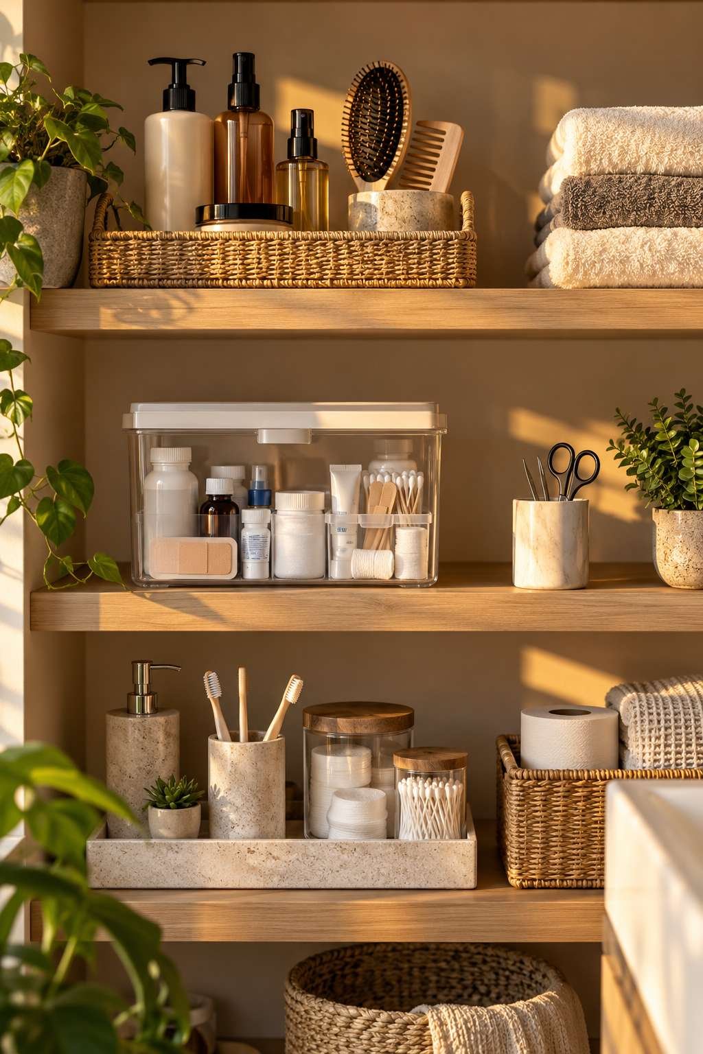 Bathroom cabinet items grouped into categories like hair care and first aid