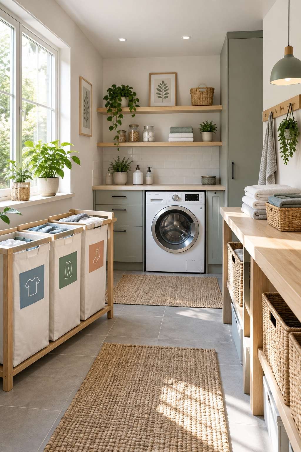 Laundry room divided into sorting, washing, and folding zones