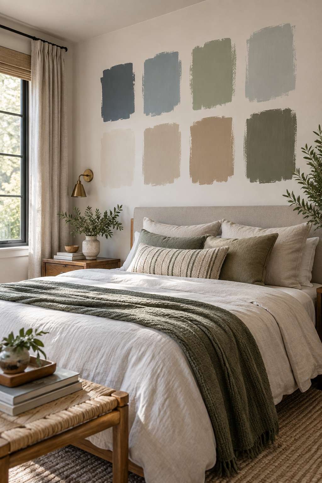 Bedroom wall with several paint color swatches for comparison