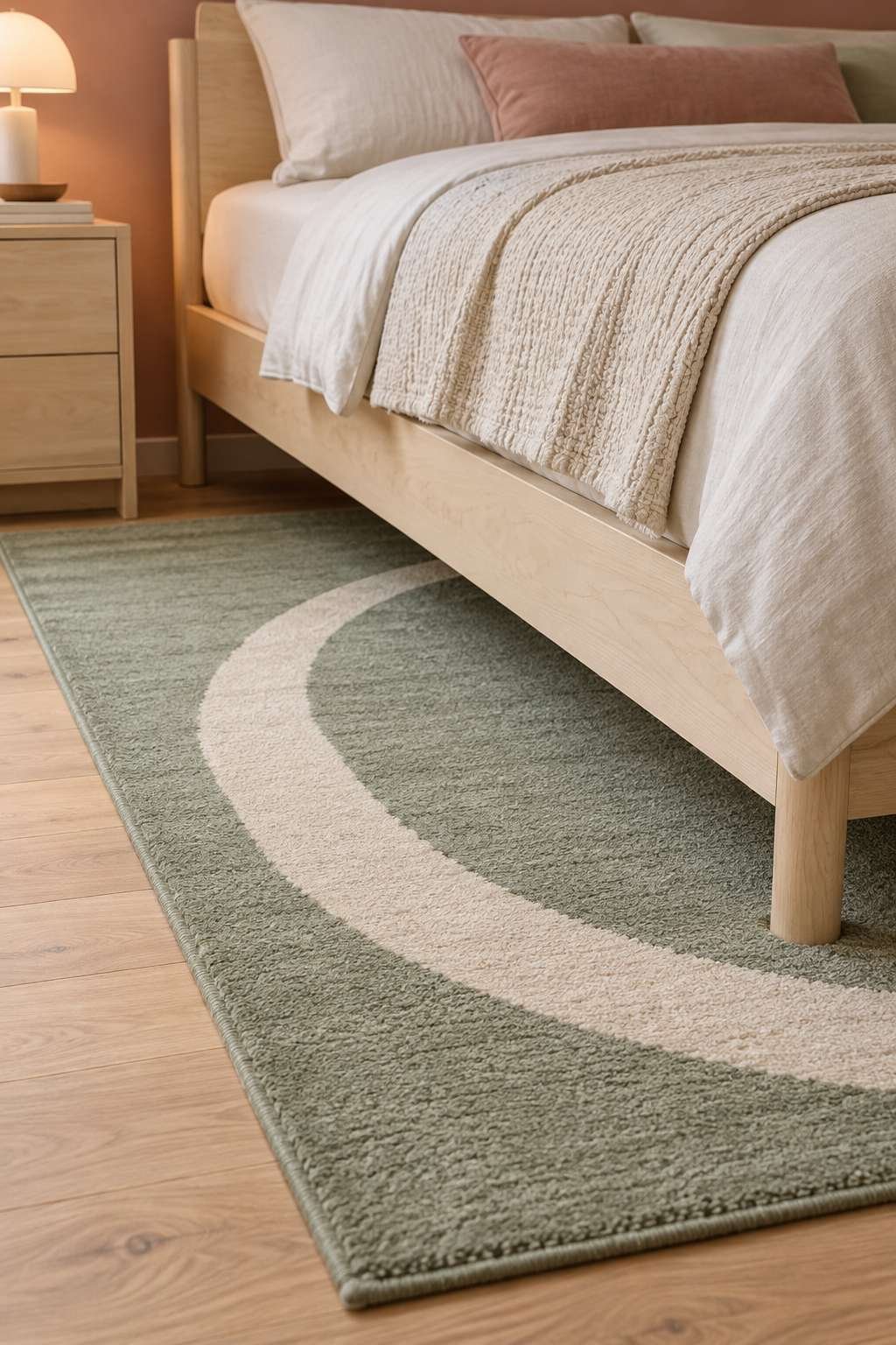 Rug placed partially under a bed with even exposed edges