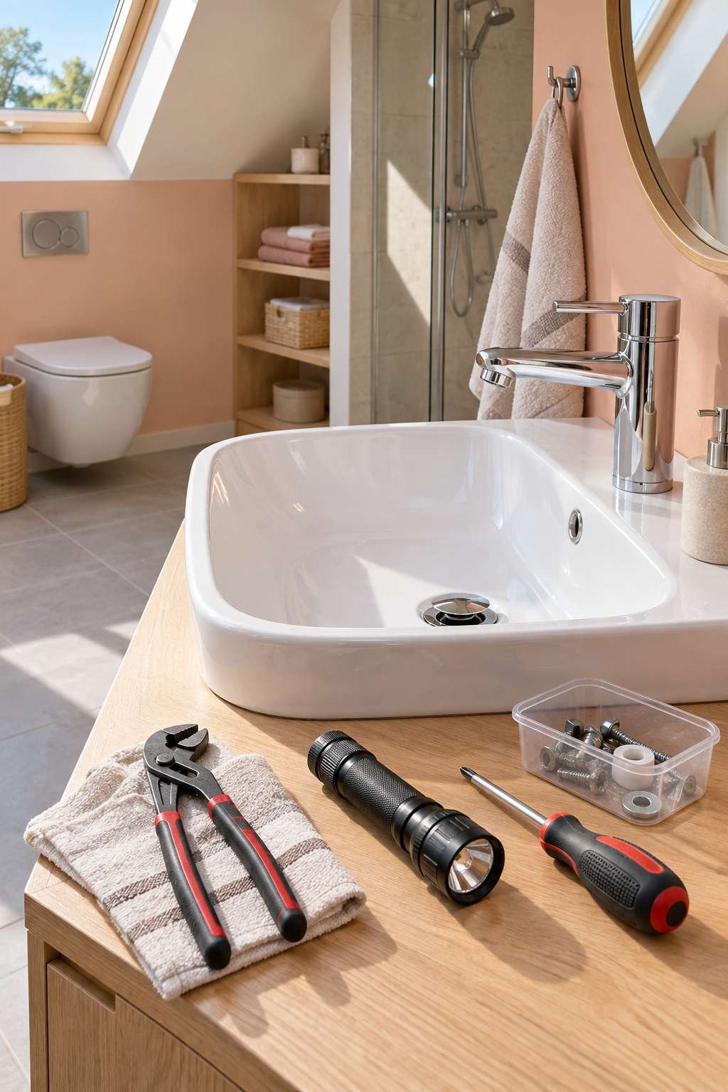 Tools laid out for removing a bathroom sink stopper