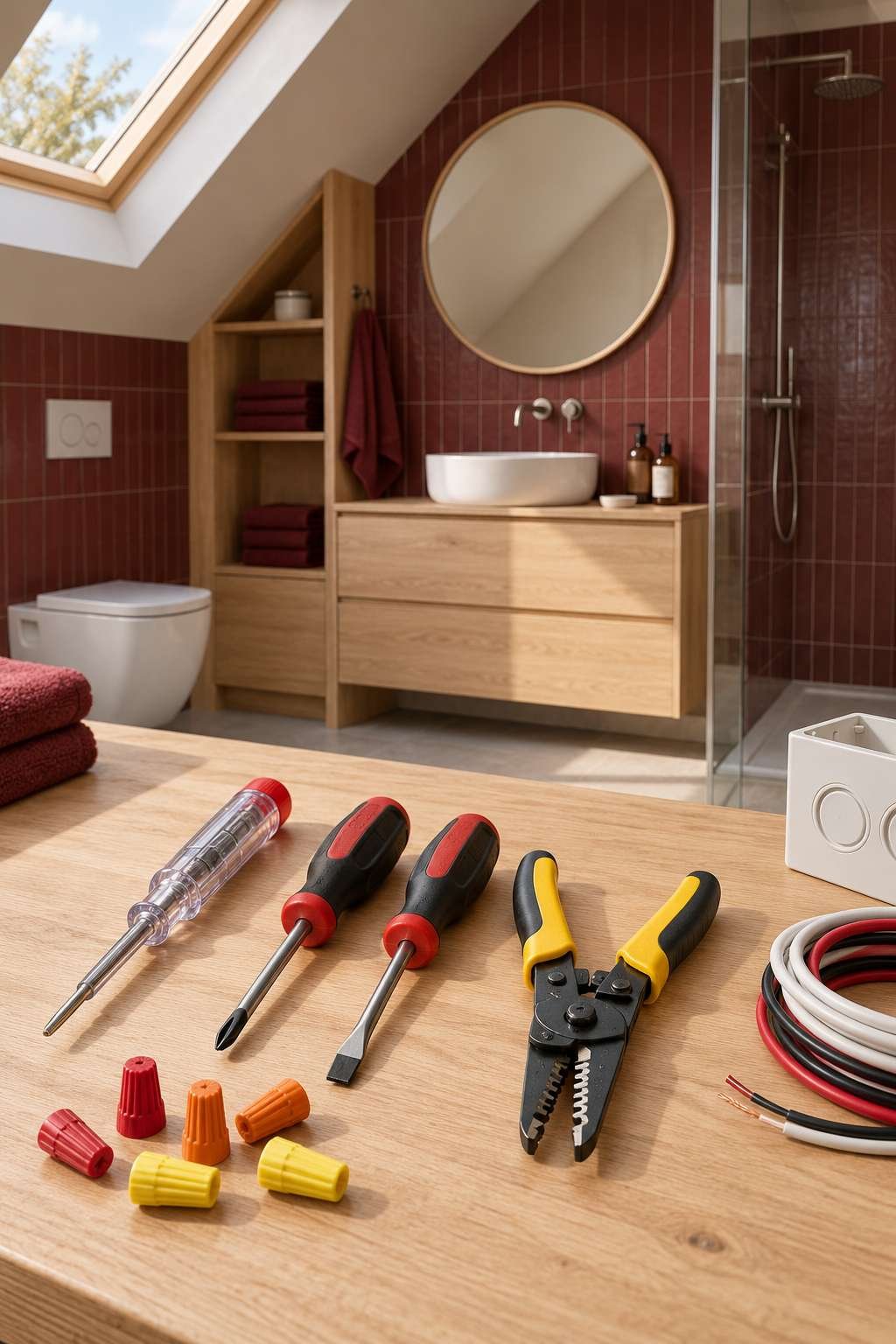 Tools laid out for safely replacing a bathroom exhaust fan